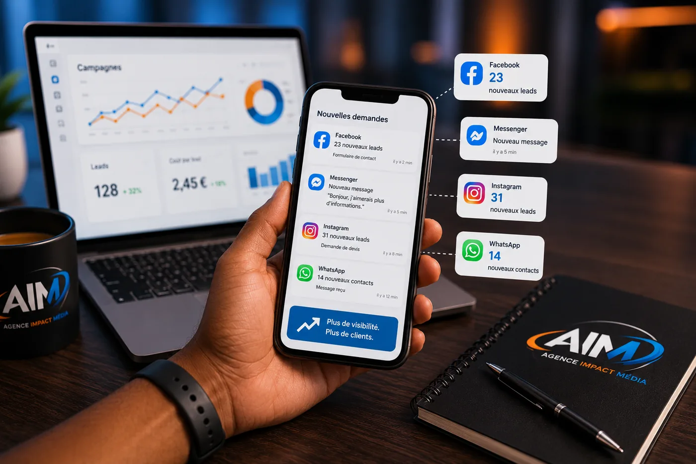 Tableau de bord de campagne et nouvelles demandes reçues sur smartphone : Facebook, Instagram, Messenger, WhatsApp