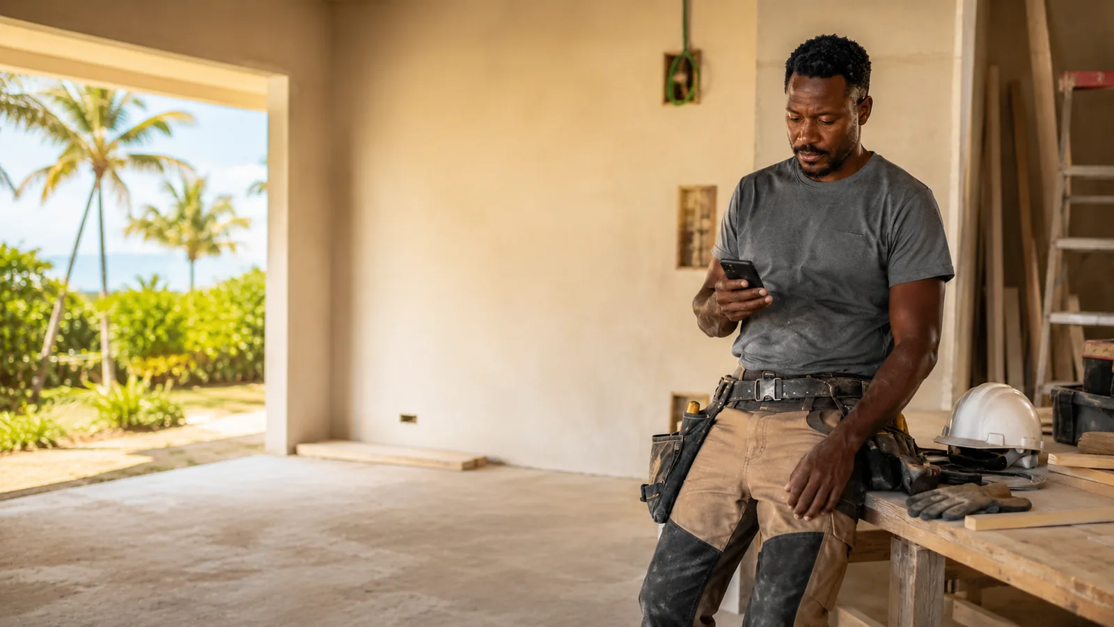Artisan sur un chantier au téléphone, aux Antilles